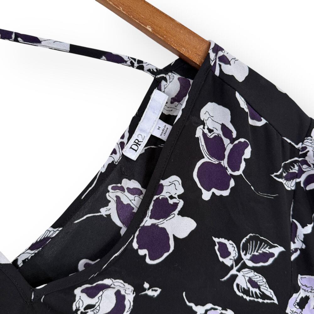 DR2 Black Purple Floral Chiffon Blouse M V-Neck Cap Sleeve Sheer Top Office - Picture 2 of 8